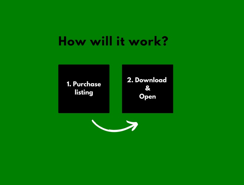 May include: A diagram showing how to purchase and download a digital product. The diagram shows two black boxes with white text. The first box says "1. Purchase listing" and the second box says "2. Download & Open". An arrow points from the first box to the second box.