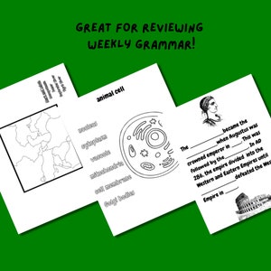 May include: Black and white illustration of a map of the Roman Empire. A black and white illustration of an animal cell with labels for the nucleus, cytoplasm, vacuole, mitochondria, cell membrane, and Golgi bodies. A black and white illustration of a man's head with the text "The ____ became the ____ when Augustus was crowned emperor in ____. This was followed by the ____ in AD 286. The empire divided into the Western and Eastern Empires until ____ defeated the Western Empire in ____." A black and white illustration of the Colosseum.