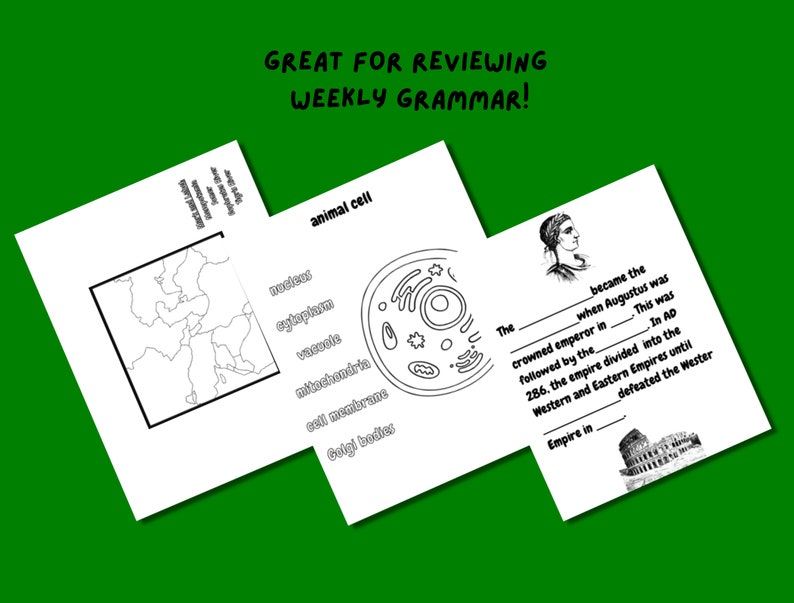 May include: Black and white illustration of a map of the Roman Empire. A black and white illustration of an animal cell with labels for the nucleus, cytoplasm, vacuole, mitochondria, cell membrane, and Golgi bodies. A black and white illustration of a man's head with the text "The ____ became the ____ when Augustus was crowned emperor in ____. This was followed by the ____ in AD 286. The empire divided into the Western and Eastern Empires until ____ defeated the Western Empire in ____." A black and white illustration of the Colosseum.