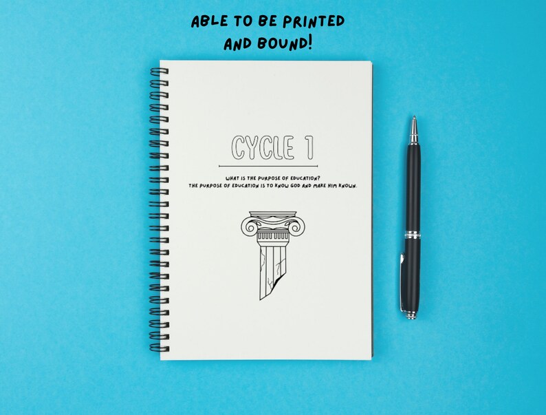 May include: A white spiral bound notebook with the text "CYCLE 1" and the question "WHAT IS THE PURPOSE OF EDUCATION?" The answer is "THE PURPOSE OF EDUCATION IS TO KNOW GOD AND MAKE HIM KNOWN". A black and white illustration of a broken column is below the text. A black pen is lying on a blue surface next to the notebook.