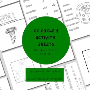 May include: A green circle with the text "CC Cycle 1 Activity Sheets" and "Downloadable PDF Print File" in white text. The circle is over a collage of black and white images of colouring pages for children. The images include a column, a cell, a map of Europe, and a page with the text "Cycle 1".