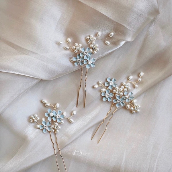 Set of 3 blue floral bridal pins, wedding hair accessories, bridal hair pins, pearl, blue floral, boho wedding