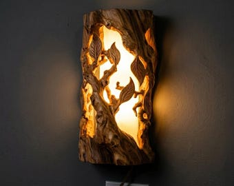 Appliques murales en bois uniques faites main en bois massif cardé suspendues éclairage LED sculpture lampe décor maison
