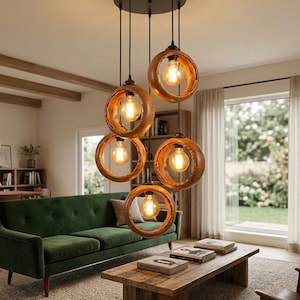 Wood pendant light chandelier unique carving ceiling lighting art drum lampshade
