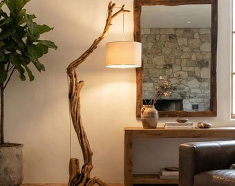 Vloerlamp van drijfhouttakken, hoge boomverlichting, houten hanglamp, vrijstaande lampenkap, pendellamp