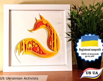 Red fox papercut shadowbox - handmade, all proceeds to charity