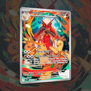 Puede incluir: Carta coleccionable Pokémon de Blaziken, con un diseño ardiente. La carta presenta una ilustración de Blaziken y texto con ataques como "Heat Blast" e "Inferno Kick Flurry", con 160 PS. Es una carta de evolución de etapa 2.