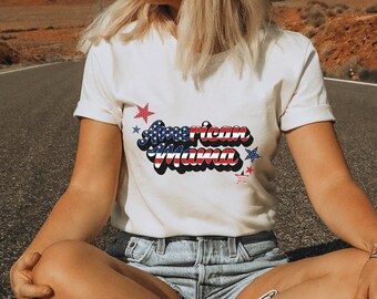 American Mama T-Shirt, USA Flag Mom Shirt, Red White And Blue Stars
