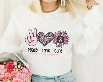 Roze borstkanker sweatshirt vrouwen, vrede, liefde, genezen trui, roze lint jas, borstkanker overlevende gift, kanker ondersteuning shirt