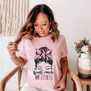 Breast Cancer Warrior Crewneck Shirt, Motivational Tshirt, Pink Ribbon Cancer Awareness Pink Messy Bun Breast Cancer Tee