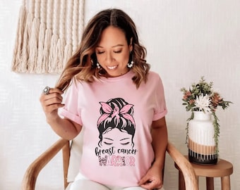 Breast Cancer Warrior Crewneck Shirt, Motivational Tshirt, Pink Ribbon Cancer Awareness Pink Messy Bun Breast Cancer Tee