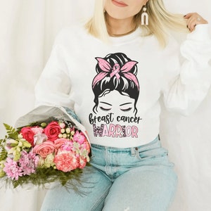 Breast Cancer Warrior Crewneck Sweatshirt, Motivational Sweater, Pink Ribbon Cancer Awareness Pink Messy Bun Breast Cancer Sweatshirt