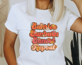 Zonsopgang, Zonnebrand, Zonsondergang, Herhaal zomervakantie T-shirt, Beach Day shirt