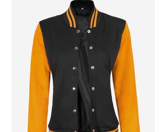 Women's Varsity Jacket | Handmade Back & Yellow Lettermen Jacket | Baseball Jacket