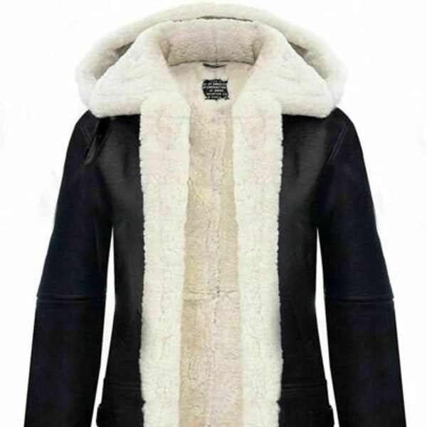 Veste en peau de mouton en cuir noir à capuche élégante pour femmes | Veste en fourrure en cuir véritable faite à la main avec capuche