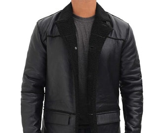 Men's Black Winter Shearling Leather Overcoat | Handmade Genuine Leather Fur Mid Length Coat For Men
