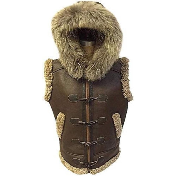 Herren Vintage Braun Leder Pelzweste mit Abnehmbarer Waschbär Pelzweste | Handgefertigte Schaffell Kapuzenleder Shearling Weste für Männer