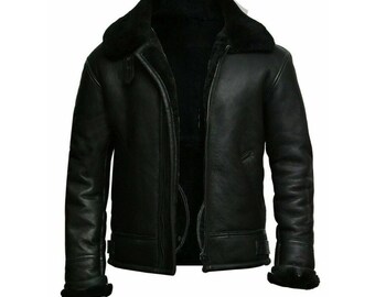 Men's Black Bomber Jacket | Handmade Black Aviator Shearling Jacket