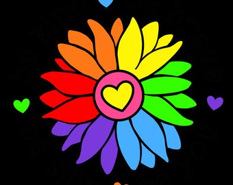 Könnte beinhalten: Eine farbenfrohe Blumenillustration mit Regenbogenblütenblättern und einem gelben Herz in der Mitte, umgeben von kleinen Herzen in verschiedenen Farben. Die Worte "be kind" und "be you" sind auf dem schwarzen Hintergrund.