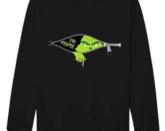 Könnte beinhalten: Schwarzes Sweatshirt mit einer Grafik eines grünen Charakters, der aus einem Reißverschluss hervorkommt, mit dem Text "EW. PEOPLE." Der Charakter hat einen mürrischen Gesichtsausdruck und zeigt mit dem Finger. Der Reißverschluss ist silberfarben.