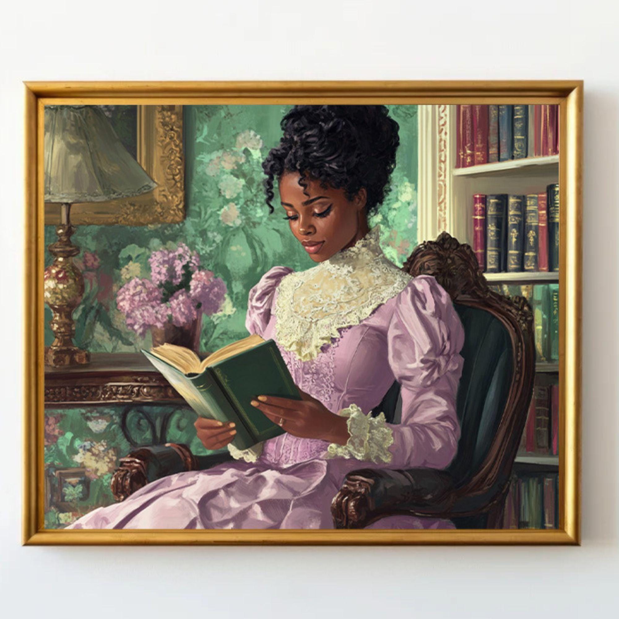 Black Woman Reading Art Print | Black Girl Victorian Dress | African American Art | Book Lover Gift | Library Art | Bookish Literary Print