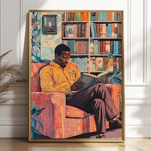Black Art Man Reading Print | Black Man Portrait | Bookish Decor | African American Art | Home Library Book Lover Art | Literary Wall Art