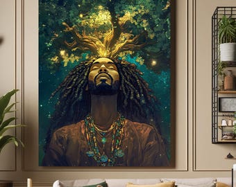 May include: A digital painting of a person with dreadlocks, wearing a brown shirt and necklaces, with a glowing tree growing out of their head.
