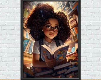 Black Art | Black Girl Reading Art | Book Themed Art Print | African American Book Lover Art | Kids Room Wall Art Print | Bookish Art Print