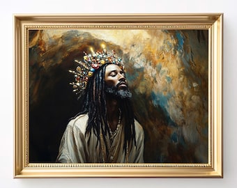 Black Jesus Wearing Crown Of Jewels Art Print | Afrocentric Spiritual Decor (Digital Download)