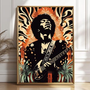 May include: A framed art print featuring a stylized illustration of a musician playing a guitar. The artwork is in shades of black, orange, and cream, with floral and abstract patterns in the background. The musician is depicted with an afro and is wearing a patterned jacket.