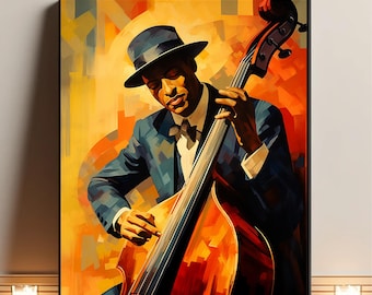 May include: A framed art print of a musician playing a double bass. The artwork features a man in a blue suit and hat, with a bow tie, playing the instrument against a backdrop of orange and yellow hues.