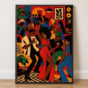 May include: A framed art print depicting a vibrant indoor party scene with multiple figures dancing and socialising. The composition features bold red, orange, and blue tones, with a central figure in a red two-piece outfit and gold hoop earrings.