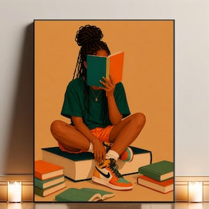 Puede incluir: Una ilustración digital de una persona con cabello oscuro trenzado en un moño, vistiendo una camiseta verde y pantalones cortos naranjas, sentada sobre un libro grande mientras lee un libro abierto con cubiertas verde y naranja. Lleva zapatillas de deporte.