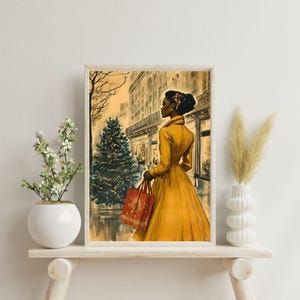 May include: A woman in a yellow coat and dress walks down a city street with a red shopping bag. A Christmas tree is decorated with lights in the background.