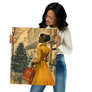 May include: A woman in a yellow dress walks down a city street with a shopping bag in her hand. A Christmas tree is decorated with lights in the background.
