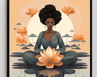 Lotus Flower Black Woman Print | Meditation Wall Art | Afrocentric Zen | Yoga Room Decor