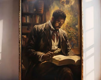 Lámina artística vintage de un hombre afroamericano leyendo / Arte literario / Arte clásico para la pared de una biblioteca / Retrato de un erudito negro / Decoración para un educador negro