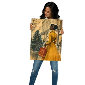 May include: A vintage-style illustration of a Black woman in a yellow dress walking down a city street with shopping bags. She is walking past a Christmas tree decorated with lights. The illustration is in a warm color palette with a faded background.