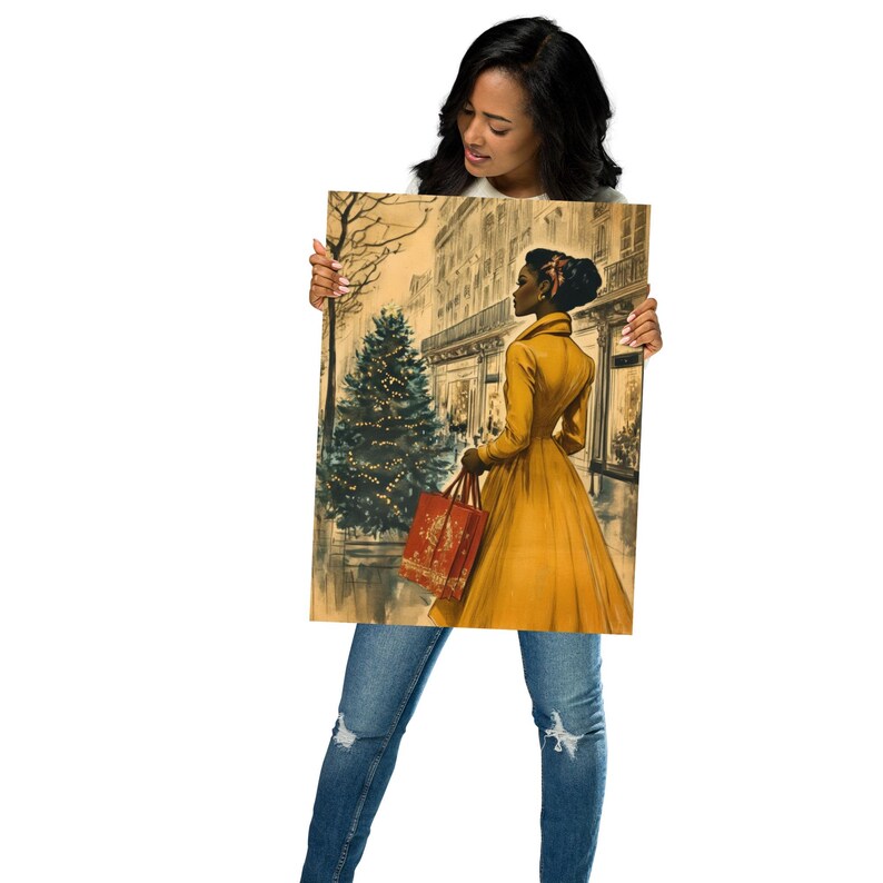 May include: A vintage-style illustration of a Black woman in a yellow dress walking down a city street with shopping bags. She is walking past a Christmas tree decorated with lights. The illustration is in a warm color palette with a faded background.