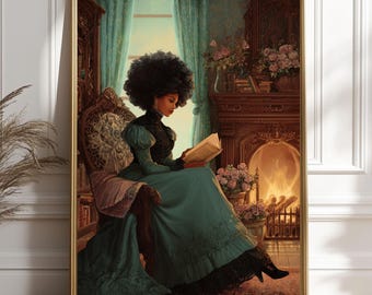 May include: A framed artwork depicts a woman in a teal dress reading a book in a vintage setting. The scene includes a fireplace, floral arrangements, and a detailed armchair. The artwork is framed in a gold-colored frame.