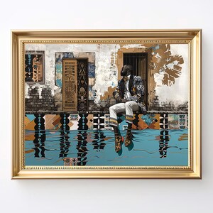 Puede incluir: Una impresión artística enmarcada que presenta a un hombre con una chaqueta estampada y pantalones blancos, sentado cerca de una piscina. La obra de arte tiene un marco dorado y representa una escena con elementos arquitectónicos y reflejos de agua. La paleta de colores incluye azules, marrones y dorado.