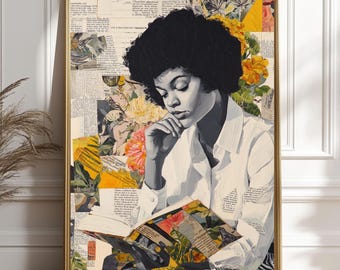 Retro Vintage Literary Afro Art Print | Abstract Black Woman Reading | Floral Collage Scrapbook Wall Art | African American Book Lover Decor