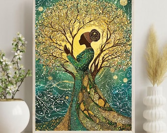 May include: A framed art print featuring a woman in a green dress standing before a golden tree. The artwork has a vibrant color palette of greens, golds, and blues, with intricate details and a spiritual theme.