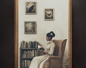 May include: A woman in a white dress sits in a chair and reads a book. The room is decorated with framed pictures of birds and a bookshelf filled with books.