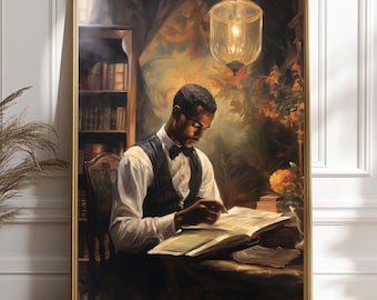 Impresión de arte literario vintage de un hombre negro / Arte mural de un erudito afroamericano / Pintura clásica leyendo un libro / Retrato inspirado en un autor negro