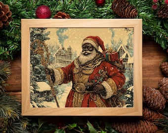 May include: A vintage Christmas card illustration of a Black Santa Claus wearing a red suit with gold trim and a white beard. He is holding a staff and a bag of gifts. The background is a snowy winter scene with houses and trees.
