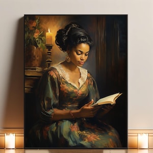 Vintage Black Woman Reading By Candlelight Art | Classic African American Literary Wall Art | Black Girl Reading Art Print | Book Lover Art