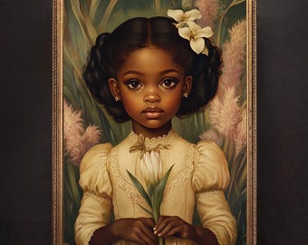 Vintage Black Flower Girl Art Print | Victorian Nursery Decor (Digital Download)