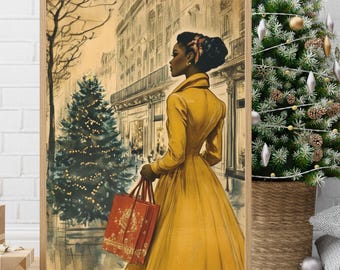 May include: A woman in a yellow dress walks down a city street with a red shopping bag. She is carrying a red shopping bag with a white design. There is a Christmas tree in the background.