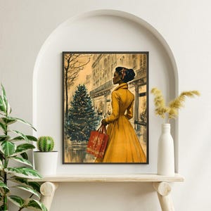 May include: A woman in a yellow dress walks down a city street with a red shopping bag. A Christmas tree is visible in the background.